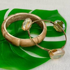 BRACELET SET BANGLES ROUND STONE WIRE GUC BROWN TAUPE SHELL